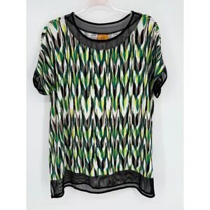 Ruby Rd Women's Top Size L‎ Green Abstract Print Mesh Trim Short Sleeve